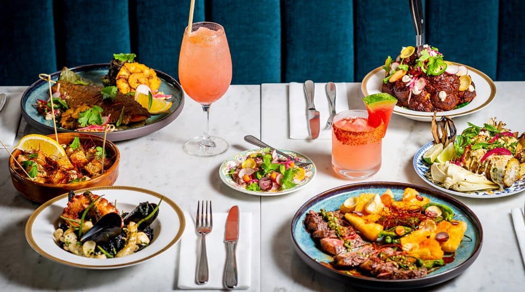 Bar Sofia lunch dishes and cocktails on a white table top